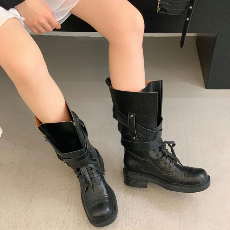 Fashion Designer Thick Heel Women Mid Calf Boots Fashion Ladies Belt Buckle Knight Booties botas de inverno feminina
