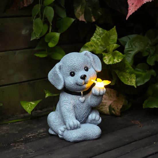 Garden Dog Statue with Solar Butterfly Light Small Resin Puppy Sculpture Outdoor Waterproof Solar Powered Animal Figurine for Yard Patio Lawn