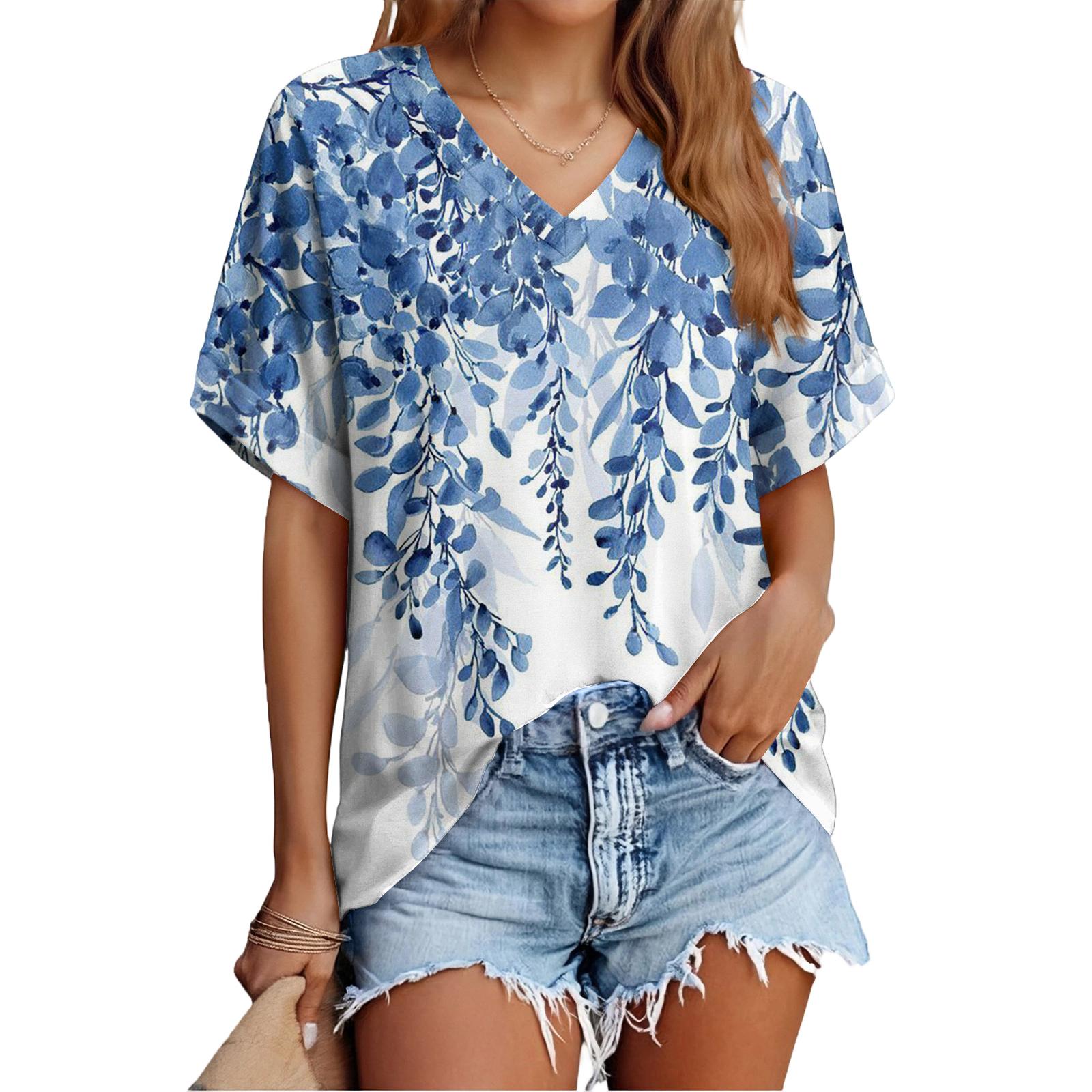 Women s Fashionable Casual Everyday Versatile Floral Print Slim-Fit Summer Short-Sleeve Top S
