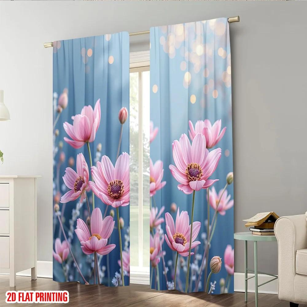 Flat Printing Window Curtains Flowers Fabric Without Electricity Festive Holiday All Occasions Set Of 2 Made Polyester