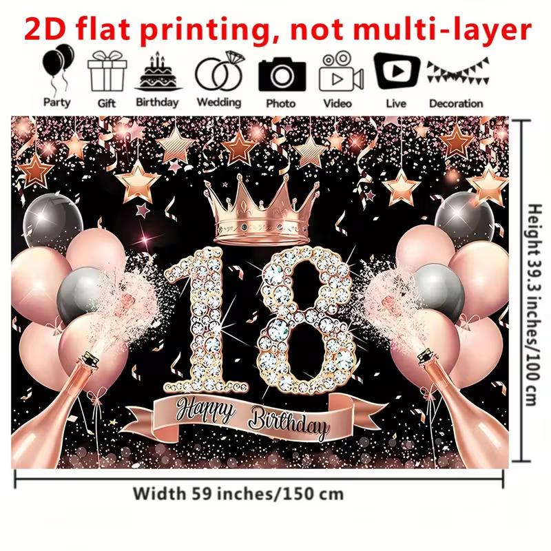 2D 18th Birthday Backdrop with Champagne, Balloons & Confetti for Teens