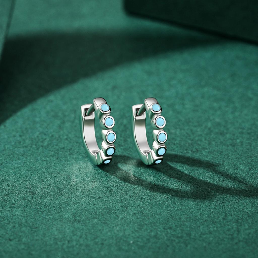 Modian Silver Turquoise Tiny Earring Real 925 Silver Round Clear CZ Hoop Earrings For Women Girl Party Fine Jewelry