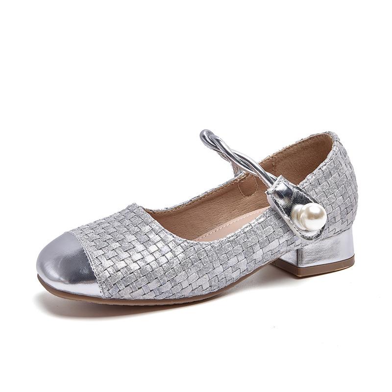 

2025 новые туфли принцессы на высоком каблуке для девочек весенне-осенние детские кожаные туфли с платьем туфельки Мэри Джейн для маленькой девочки 38 (shoe inner length 23.2CM) серебряный