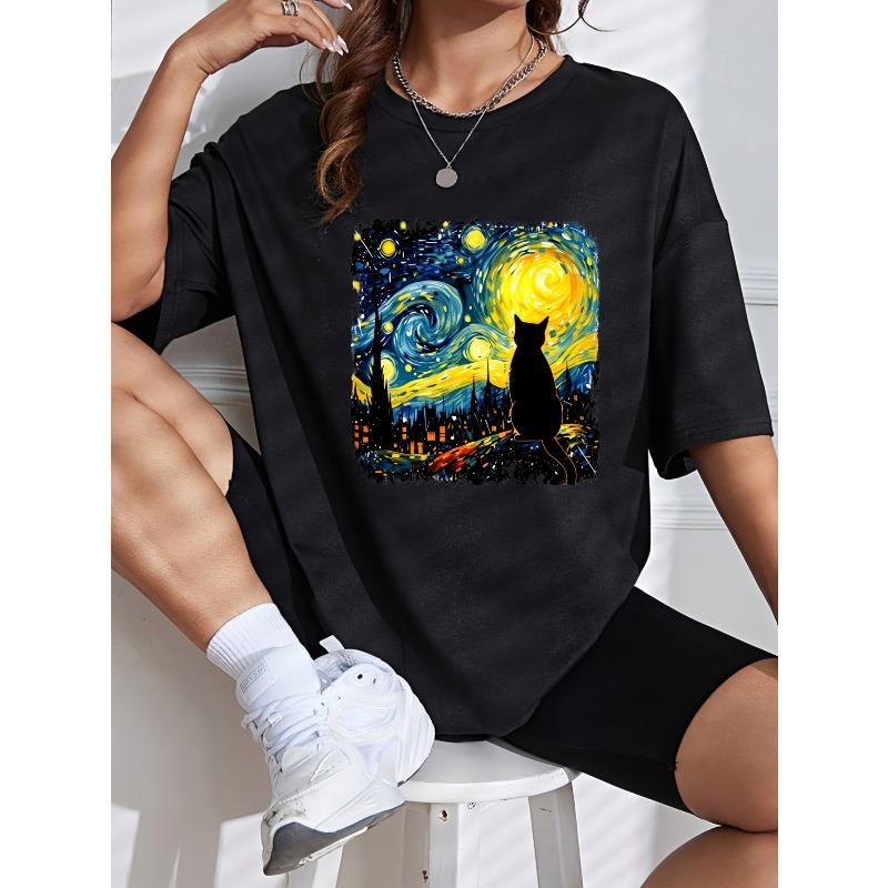 Women Casual T Shirt White Starry Night Cat Art Print For Everyday Wear And Art Lovers