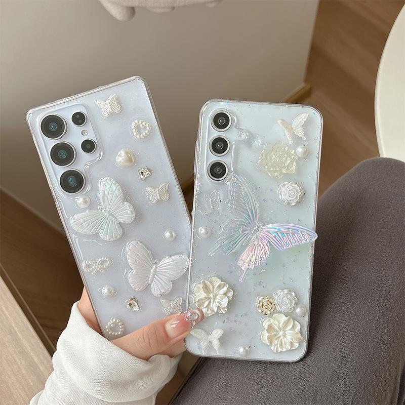 Xiaoqing Fresh Wind Glitter Mobile Phone Case Is Suitable For Samsung S25Ultra Flower S24 Butterfly A36 Bow Tie Transparent A15