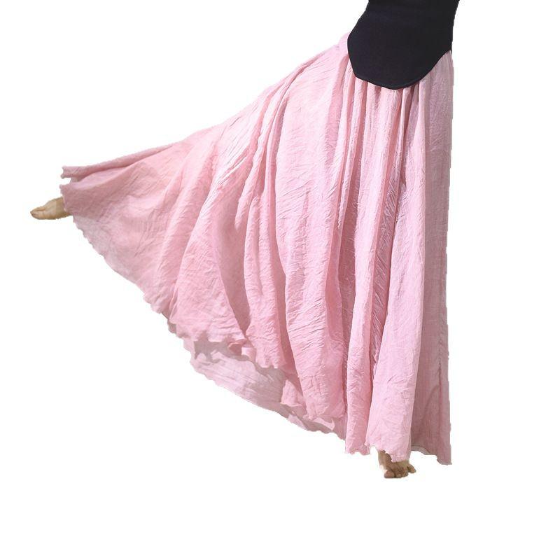Mori Girl Cotton Linen A-Line Skirt: Elastic Waist, Long Solid Color, National Style Swing