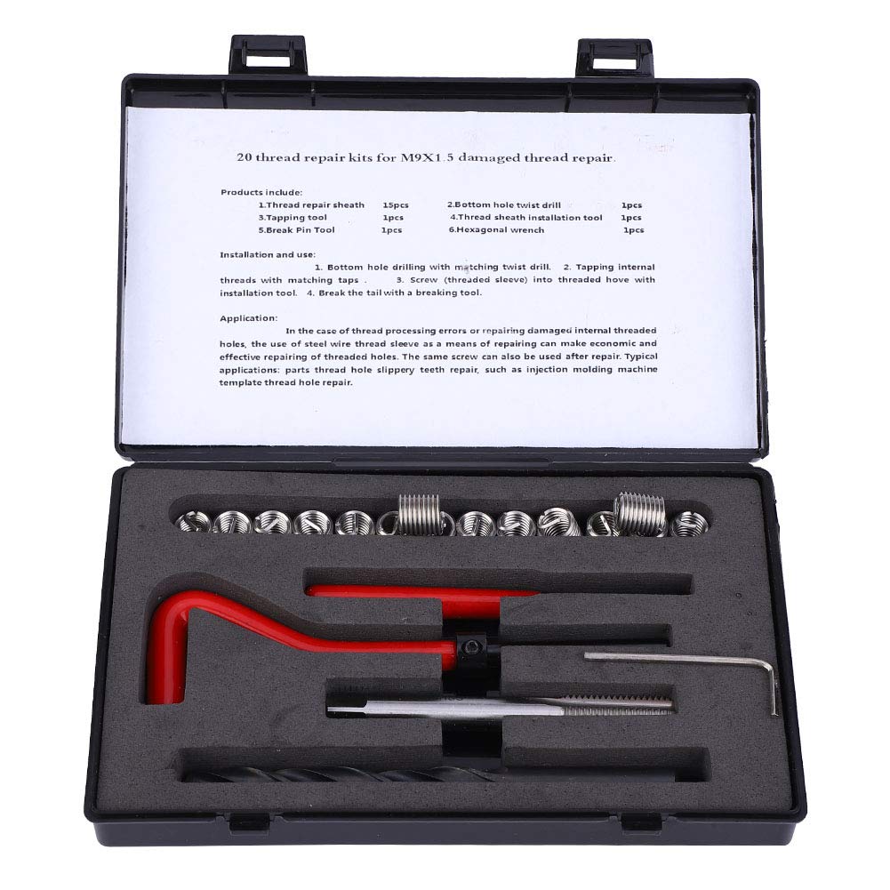 Rethreading Kit Thread Repair Kit Thread Repair Tool Thread Insert Kit 20 Pcs Thread Repair Kit M9x1.5 Stainless Steel Rethreading Tap Set for Female