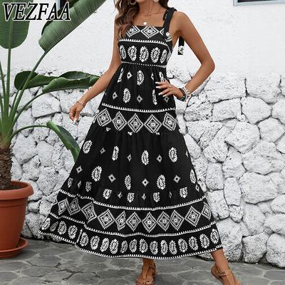 Damenmode Sommer Frühling Rautendruck Ärmellose Hosenträger Hohe Taille Freizeitkleider