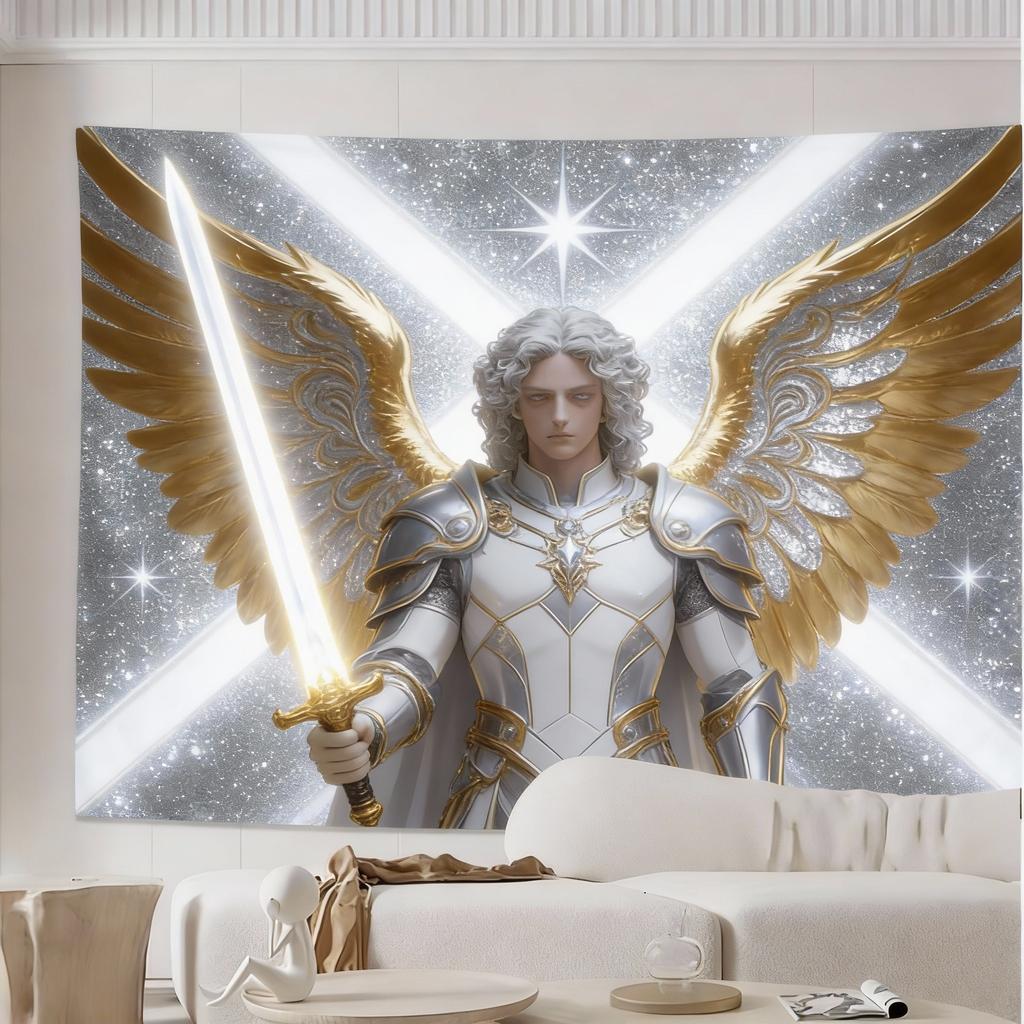 Luxurious Saint Michael Angel Golden  White Tapestry  Intricate Heavenly Design with Radiant Stars HighQuality Polyester Fab