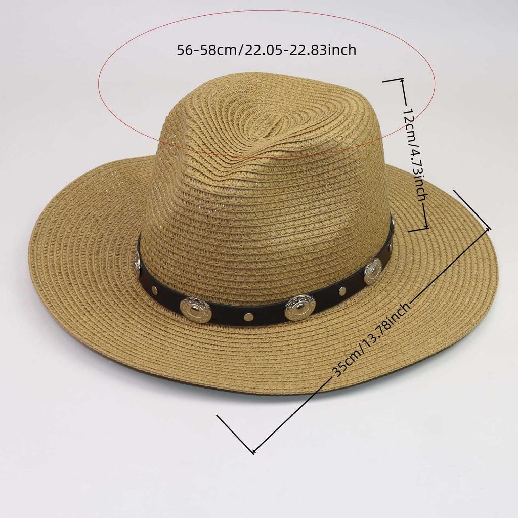 Men's Hat Summer Outdoor Sun Hat Big Edge Curled Western Cowboy Hat Mountaineering Sun Protection Hat Silver Belt Top Hat