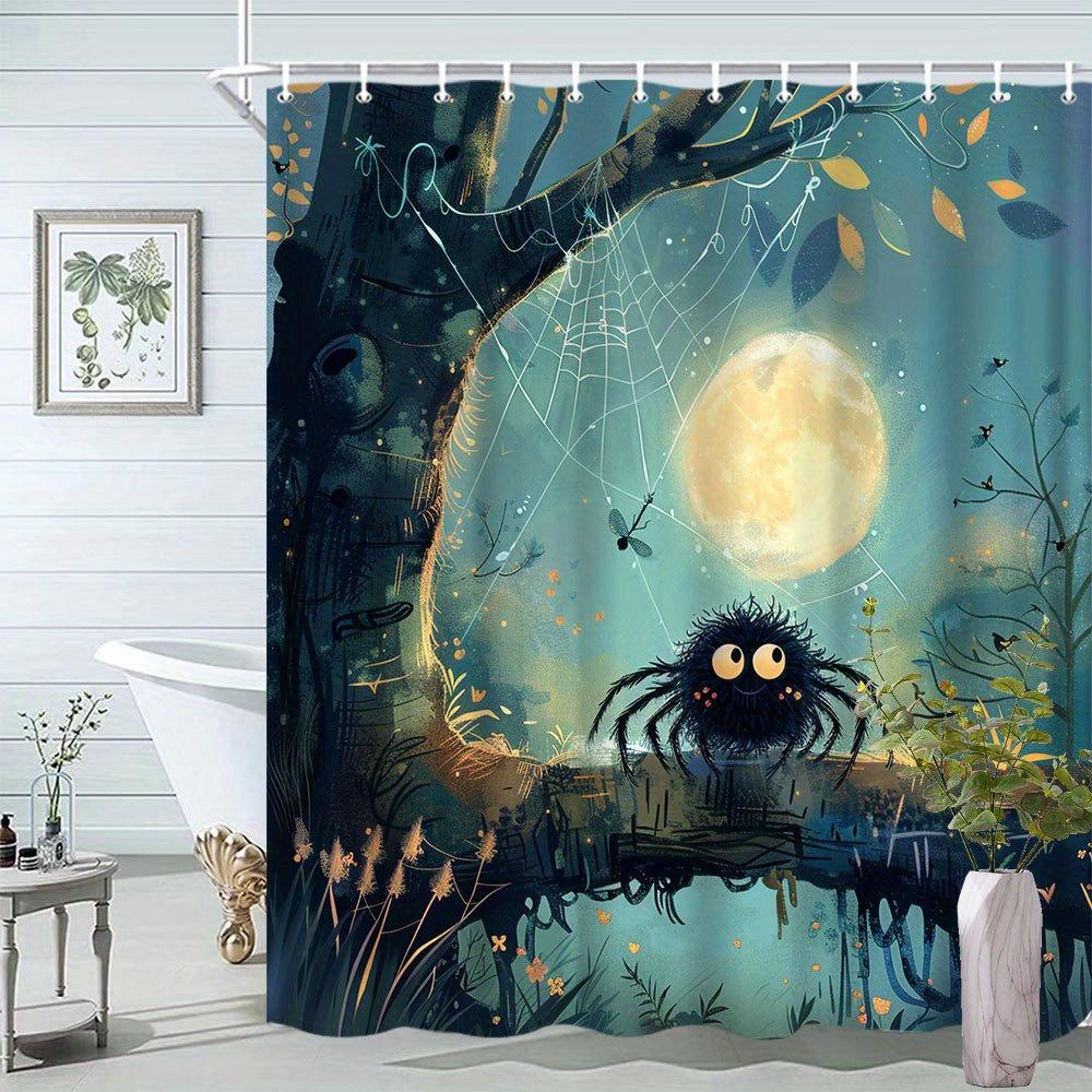 

Halloween Ghost & Spider Shower Curtain - Animal Theme, Night Sky & Moon, Polyester Fabric, Includes 12 Hooks, Bathroom Decor W60H190(CM)-1 Pcs
