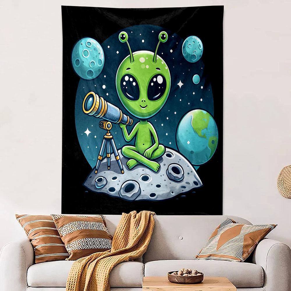 Alien Stargazing on the Moon Patterned Tapestry Decorative Wall Hanging, Home Bedroom Living Room Decor