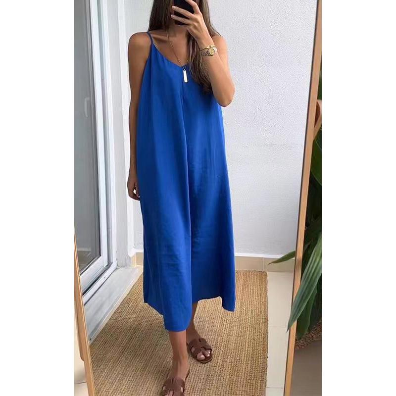 Sommer Damen Locker Spaghettiträger Kleider Damen Einfarbig V-Ausschnitt Lässig Pendeln Ärmellos Langes Kleid Weiblich Vestidos
