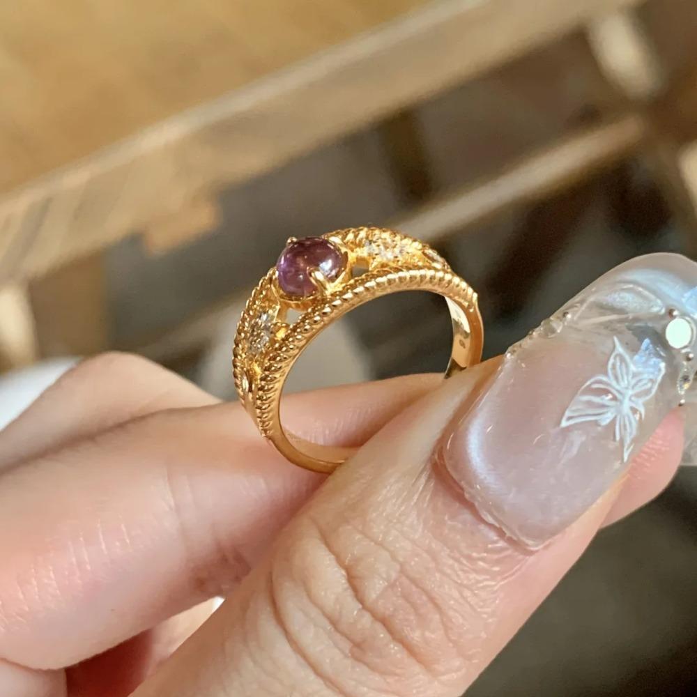 Luxury Open Ring Natural Amethyst Crystal French Vintage Design Elegant Adjustable Women Fashion Jewelry Gift