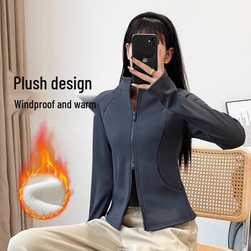 Women's Stand Collar Velvet-Lined Sports Jacket for Running, Cycling, and Yoga - Long Sleeve for Autumn & Winter