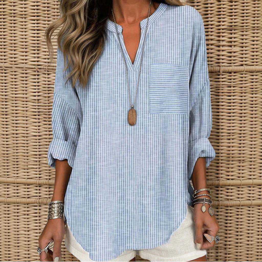 Women's Striped V-Neck Casual Loose Fit Blouse with Pockets for Everyday Wear