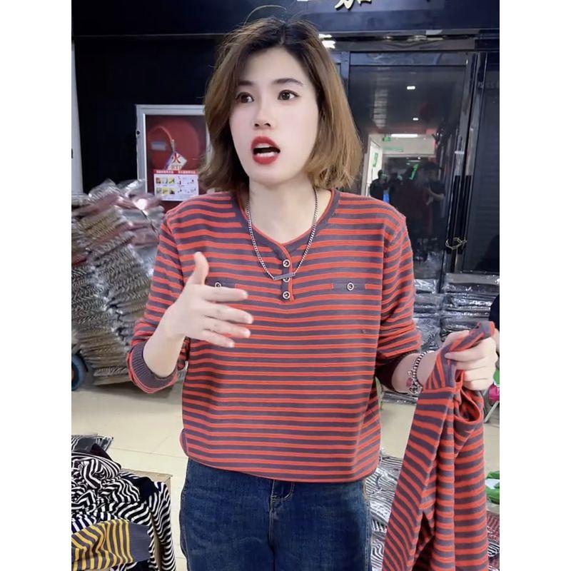 

Spring and Autumn Middle-Aged and Elderly Plus Size Ladieswear Fat Sister T-shirt Red Bar One size