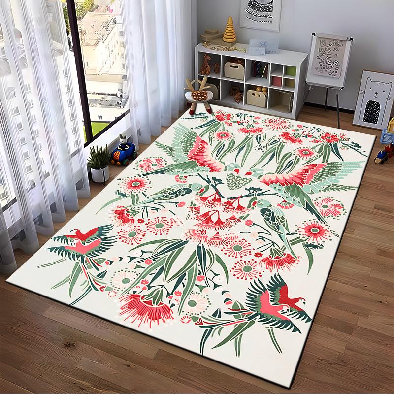 Floral Carpet with Bird Design, Green and Red Nature-Inspired Pattern Suitable for Use As an Anti-slip for Living Room Bedroom Sofas