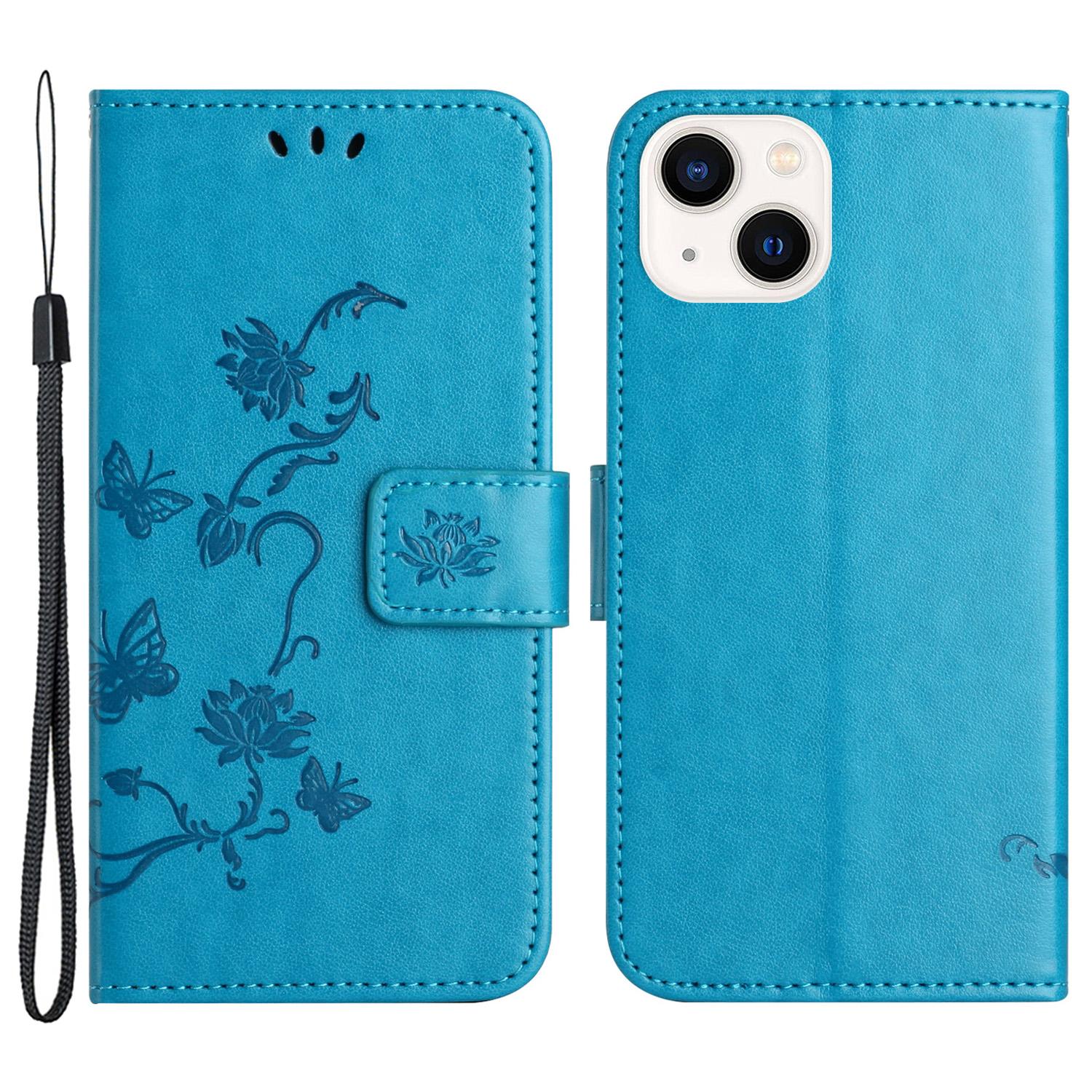 

Wallet Stand Phone Case for iPhone 15 Plus,Butterfly Flower Imprinted PU Leather Phone Cover Blue