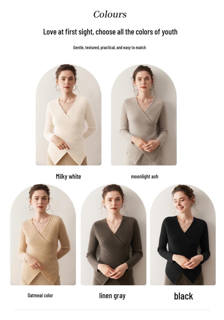 Lekasha Women's V-Neck Cross Knit Cashmere Sweater - Long Sleeve, Autumn/Winter Style