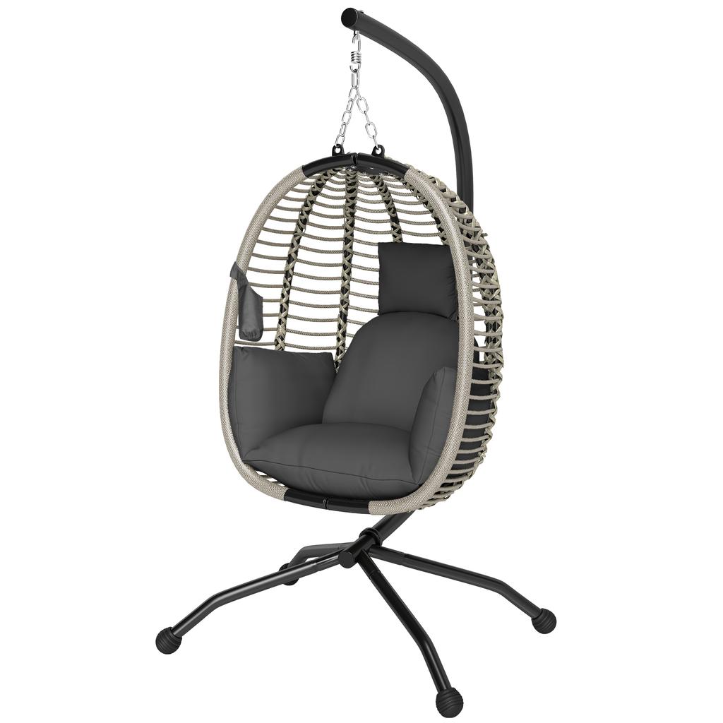 Outdoor Swing Chair with Thick Padded Cushion, Patio Hanging Egg Chair with Metal Stand, Foldable Basket, Cup Holder