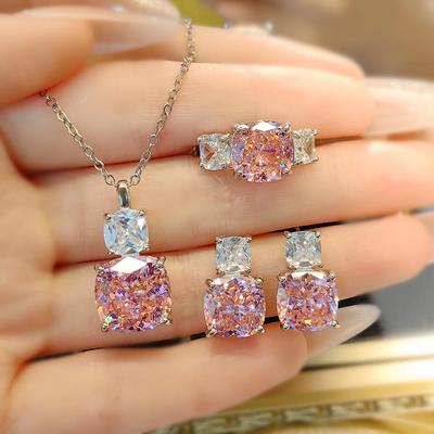 Luksusowy Naszyjnik z Różowego Diamentu z Fioletowym Wisiorkiem, Kolczyki z Diamentów Wysokowęglowych i Pierścionek z Kamieniami Szlachetnymi w Kształcie Kwiatu Lodu dla Kobiet