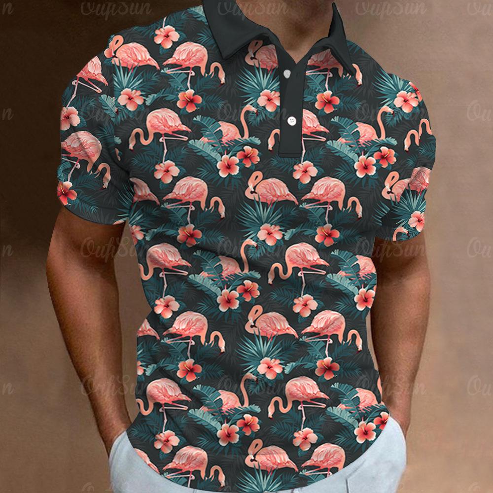 Tropical Flamingo Print Short Sleeve Polo, Casual Summer Top