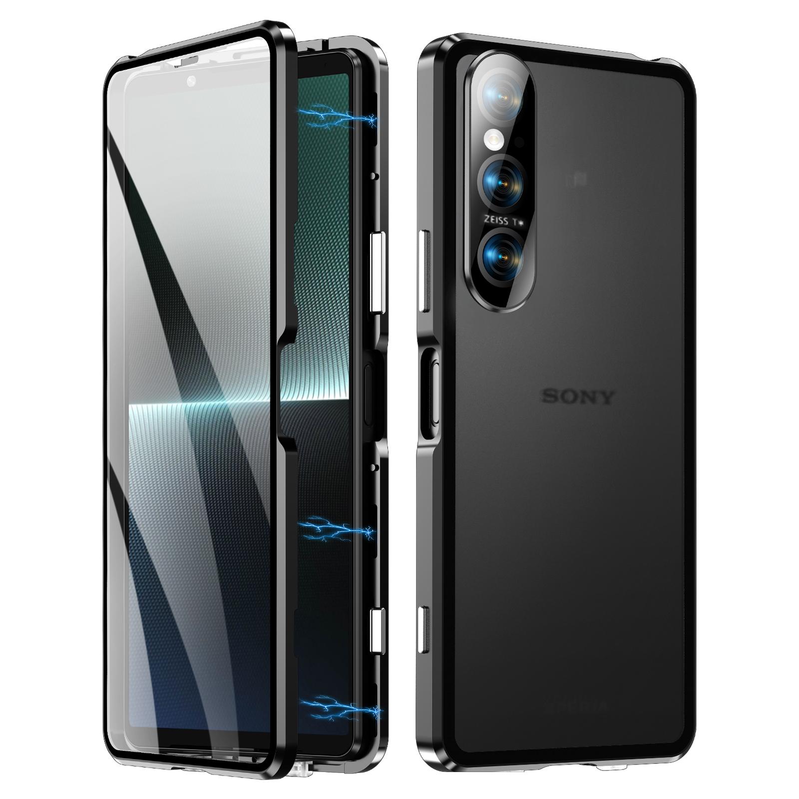 

Для Sony Xperia 1 V Чехол с магнитной адсорбцией Металлическая рамка+Закаленное стекло+PC Задняя панель Прозрачная крышка для телефона Black