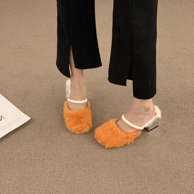 Design Sense Niche Leopard Print Bag Head Half Drag Hair Shoes Women Wear Lazy One Pedal Plush Heel Muller Shoes