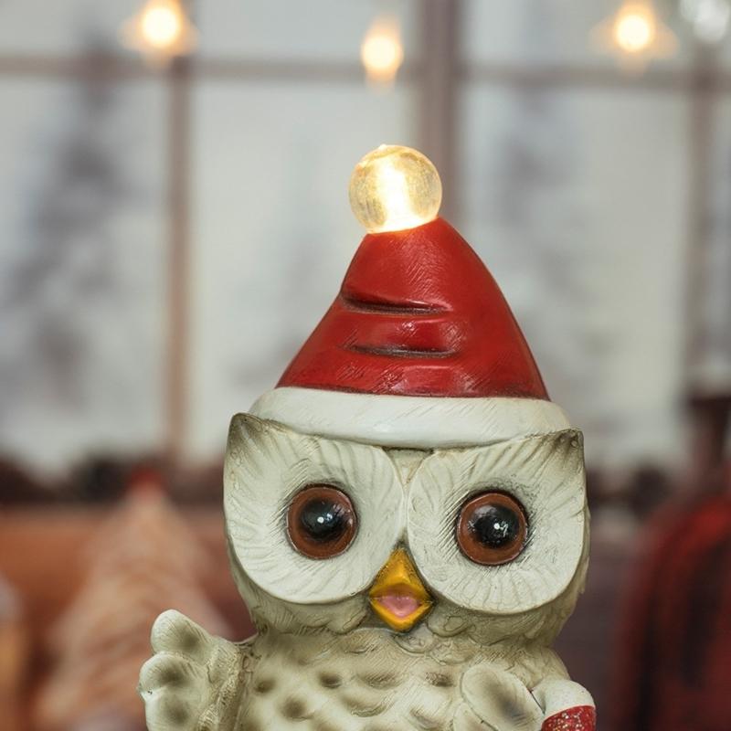 Owl Statue with LED Lighted Santa Hat for Festival Home Accent Resins Miniature Figurine Christmas Decorative Ornament
