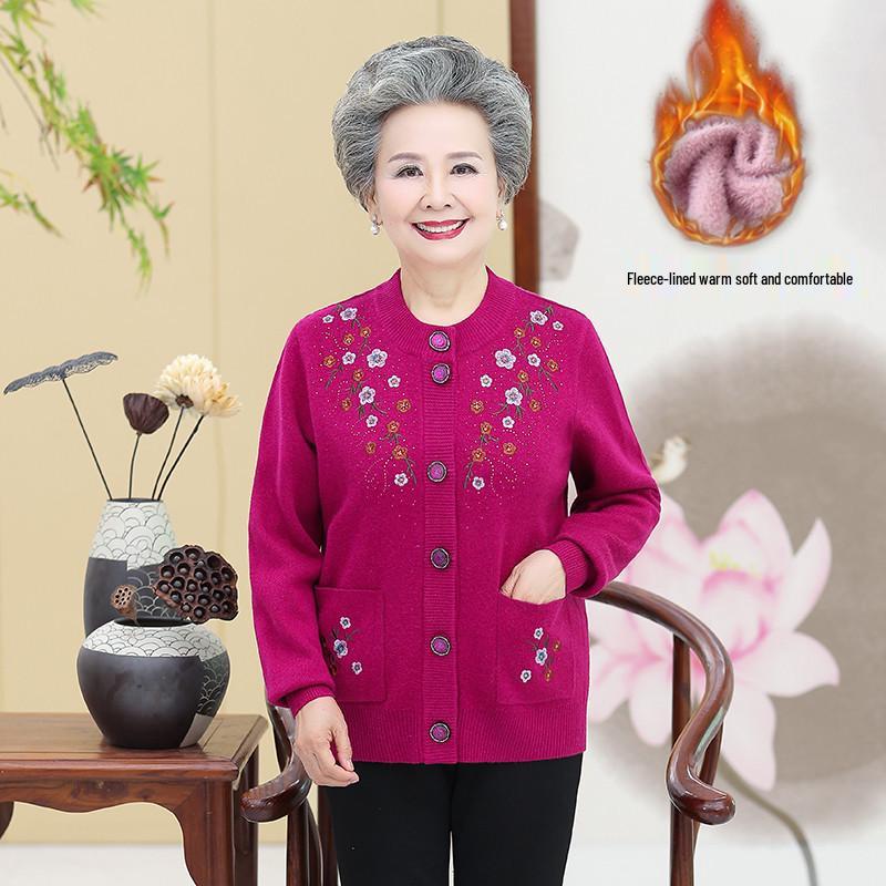 Embroidered Velvet-Enhanced Warm Cardigan for Women Aged 60-70