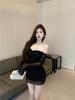 Elegant waist-tightening slimming flared long-sleeve mesh dress for women, pure and alluring hot girl, off-shoulder tight pencil short skirt