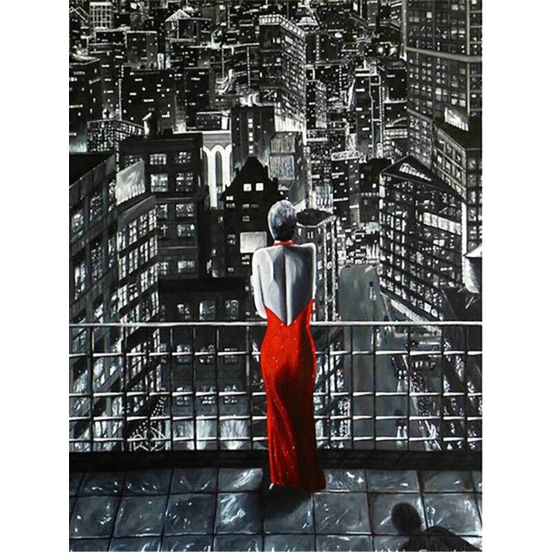 

5D алмазная живопись черный и белый красный вид на улицу Алмазная вышивка картины горный хрусталь полная круглая Алмазная мозаика подарок Full Round 40x50cm