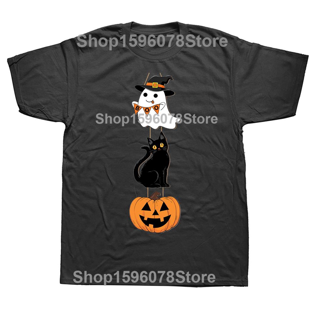 Funny Black Cat Halloween Pumpkin Ghost Tshirts Men Womens Fashion Casual Tshirt 100 Cotton Loose Oversized T Shirt Summer
