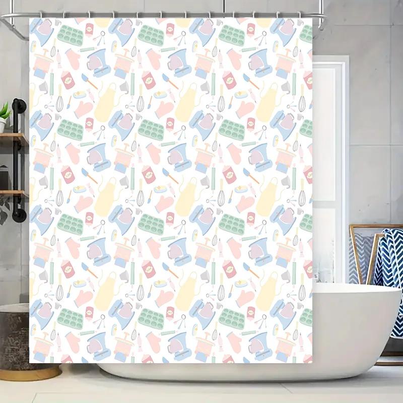 

Kitchen Pattern Shower Curtain Decor Pastel Colors Cooking Utensils Print For Bathroom Accessories In Home Kitchen W60H190(CM)-1 Pcs