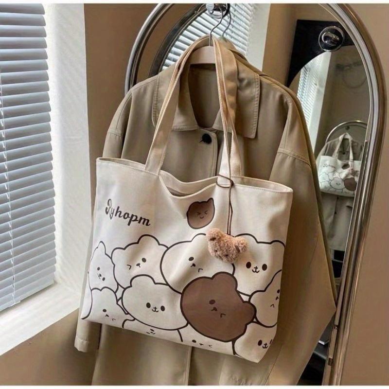 Fashionable Cartoon Printed Cute Bear with Bear Head Pendant, Single Shoulder Large Capacity Student Bag, Versatile Single Shoulder Bag, Handbag