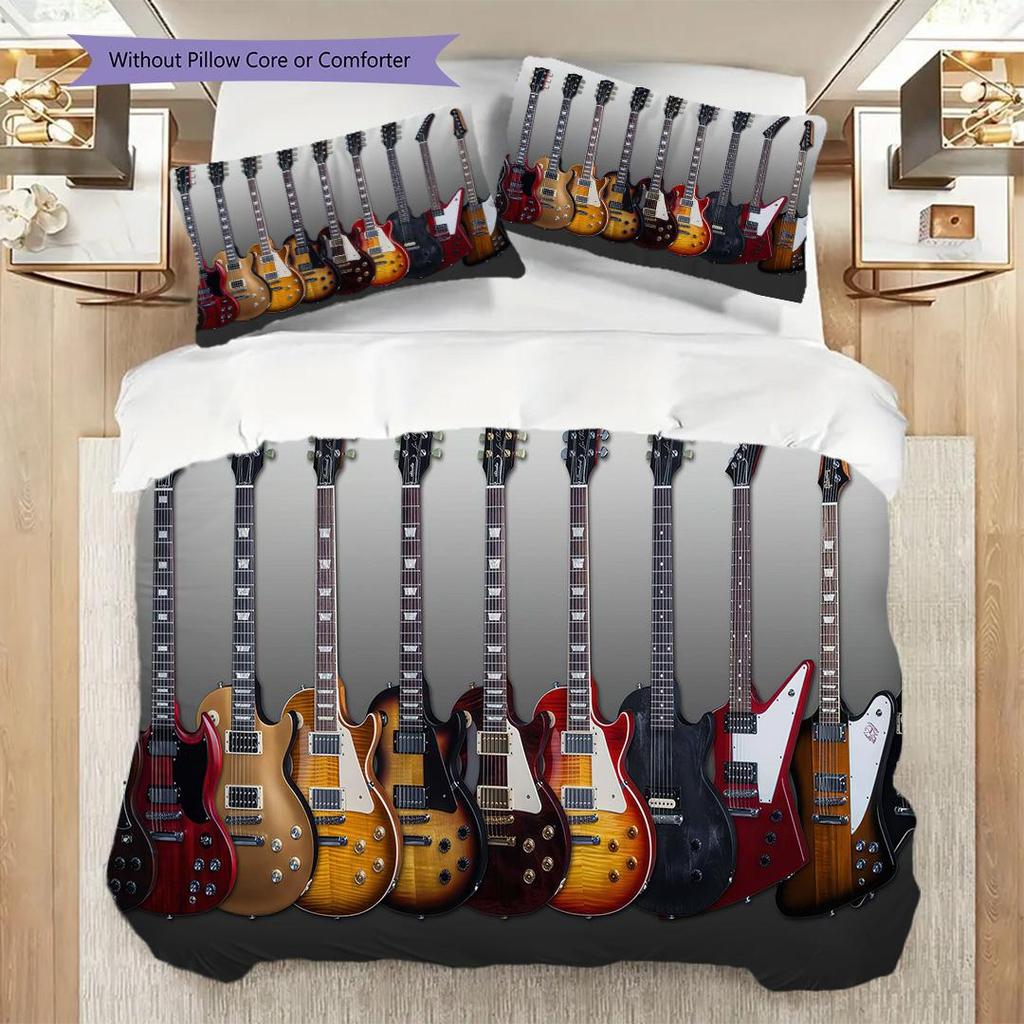 1PC Music, guitar Theme Bedding Quilt Set Quilt Cover Pillowcase Home Decoration Birthday Gift (1 * duvet cover + 2 * pillowcase, without core)