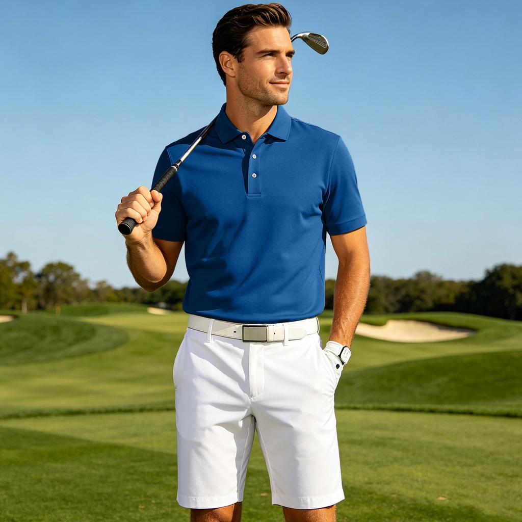 Men's Casual Quick Dry Mesh Golf Polo Shirt Short Sleeve Lightweight Breathable Classic Fit Button Down Collar Top for Sports Outdoor Activities