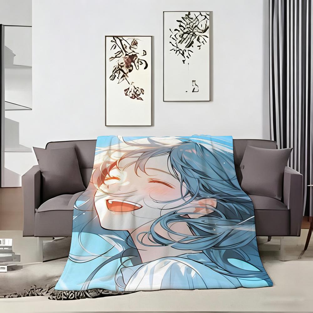 Anime B-BlueS hairedS Twin Tail Girl Throw Lightweight 240g Flannel Blanket Soft Skin-friendly for Summer Cooling