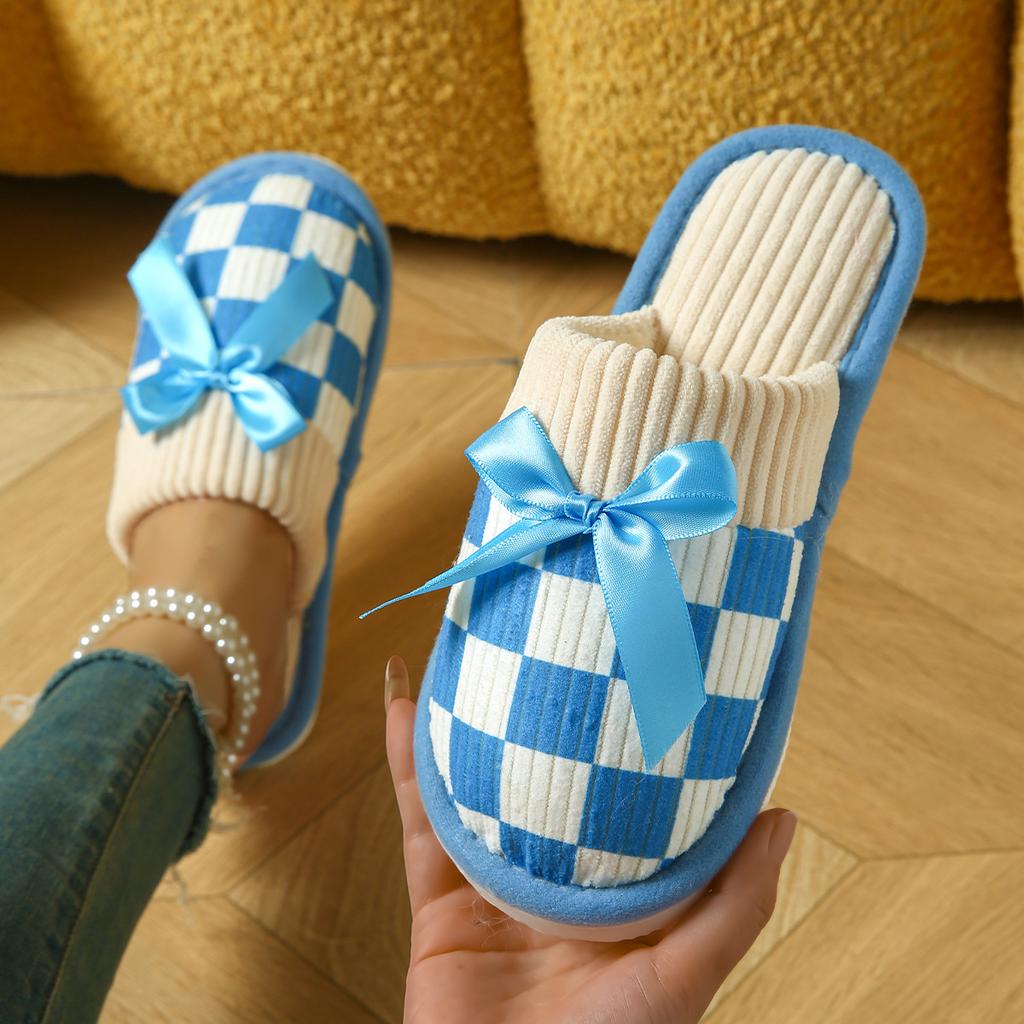 Cozy Checkered Slip-On Slippers with Bow Soft Indoor Slippers Checkered Pattern Knit Construction Slippers for Indoor Use