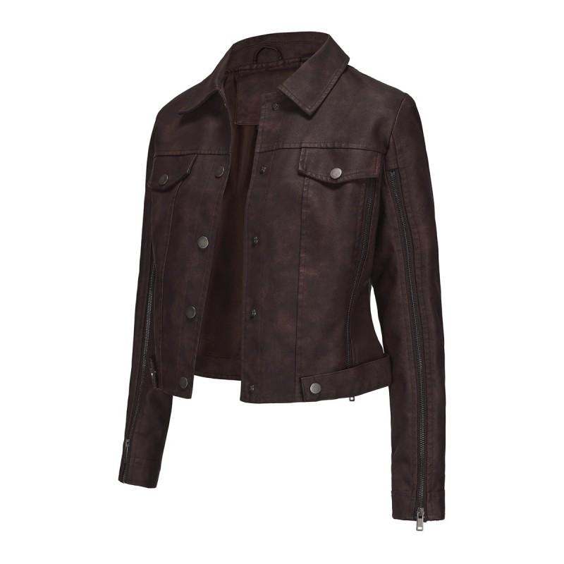Womens Faux Leather Biker Jacket With Multiple Zippers Long Sleeve Open Front Coat Lightweight