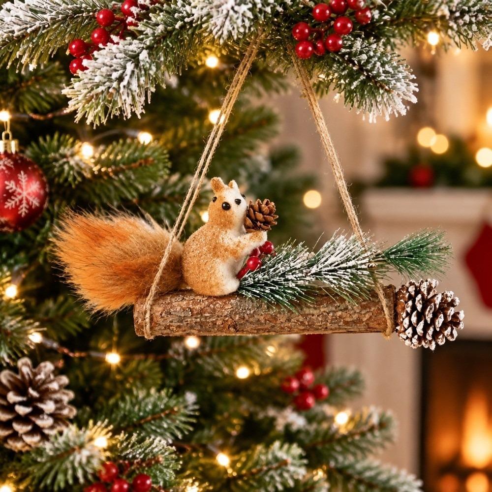 Foam Squirrel Ornaments Wood Christmas Tabletop Ornament Vintage Christmas Tree Pendant Gift