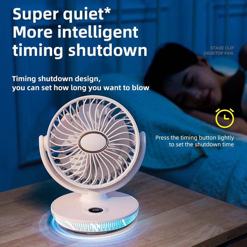 New Protable Mini Fan Rechargeable LED Digital Screen Fan Wall Mounted Fan with 8H Timing 180° Adjustable 7 Colorful Lights