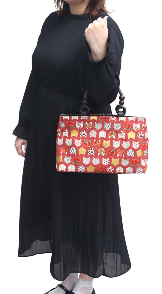 Hasegawa Handtasche mit Katzenmuster, Faltbar, Handgefertigt in Kyoto von Handwerkern, Hergestellt in Japan (rot)