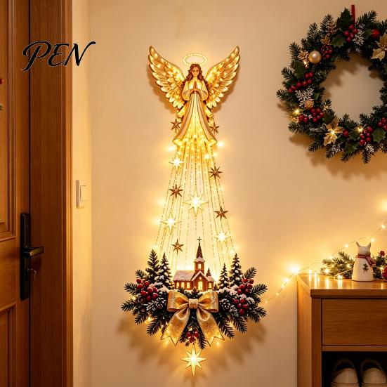 Christmas Wall Decor for Home Lighted Nativity Decor, 3D Gold Bethlehem Scene LED Hanging Light with Decorative Pine Branch Art Warm Glow, Religious