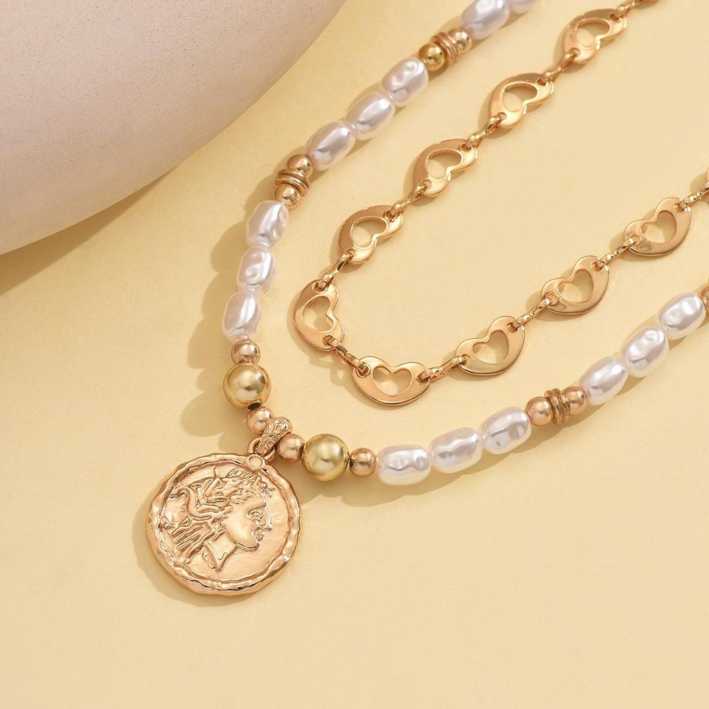 Luxury Multi-layer Faux Pearl Beaded Necklace with Human Head Pendant