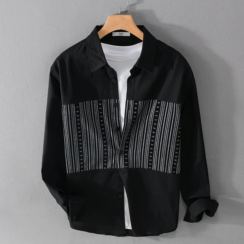 Jarní a letní ležérní bílé košile pro muže Denní ležérní košile s dlouhým rukávem z čisté bavlny Košile se sešíváním pruhů Módní pánské topy pro mládež