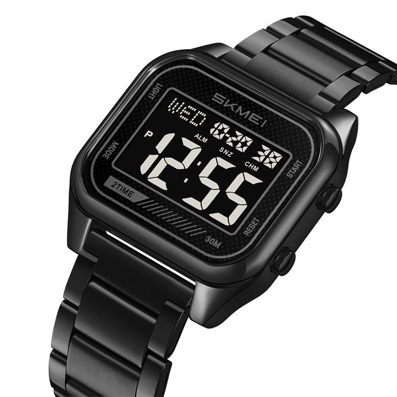 Skmei Dual Time Zones Digital Watches for Mens Luxury Full Steel Strap LED Waterproof Chronograph Fashion Sports Alarm Clock