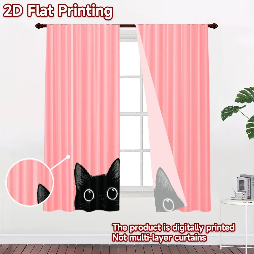 2D flat printing 2pcs Window Drapes Black Cat Peeking Cute Digital Printed Polyester Drapes Festive Wall Decor for Photo Booths