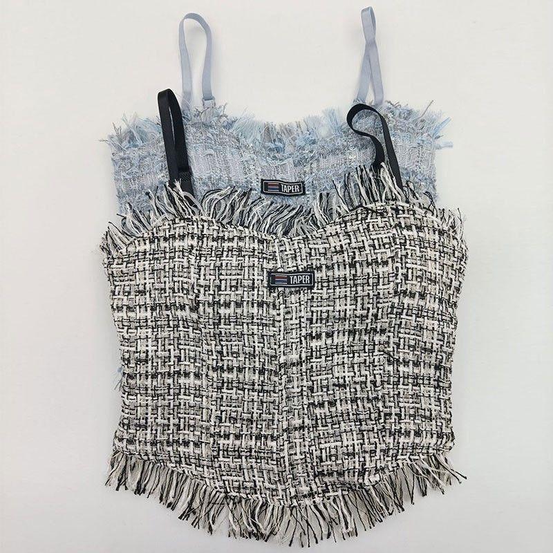 Blue Tassel Backless Camisole Vest with Chest Cushion for Women Designed for Wearing Inside and Outside